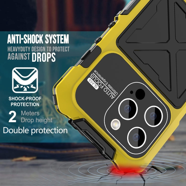 For iPhone 15 Pro Max R-JUST Metal + Silicone + Tempered Glass Life Waterproof Phone Case with Holder(Yellow) - HoMEdemic™ 