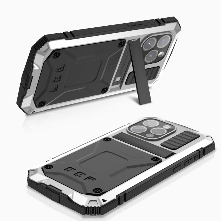 For iPhone 15 Pro Max R-JUST Shockproof Life Waterproof Dust-proof Metal + Silicone Phone Case with Holder(Silver) - HoMEdemic™ 