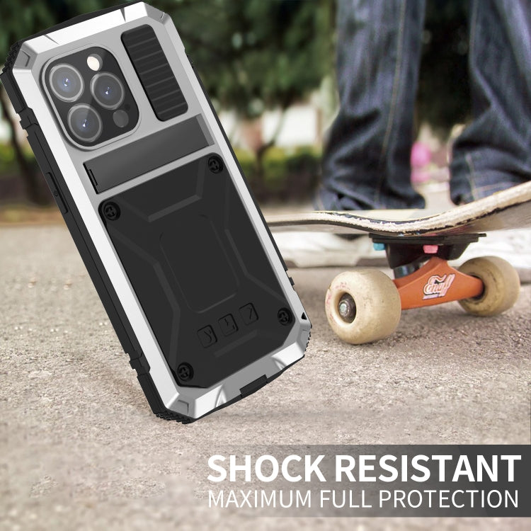 For iPhone 15 Pro Max R-JUST Shockproof Life Waterproof Dust-proof Metal + Silicone Phone Case with Holder(Silver) - HoMEdemic™ 