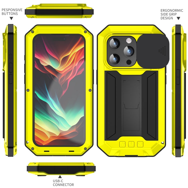 For iPhone 15 Pro Max R-JUST Sliding Camera IP54 Life Waterproof Holder Phone Case(Yellow) - HoMEdemic™ 