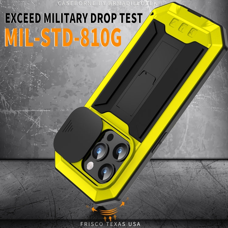 For iPhone 15 Pro Max R-JUST Sliding Camera IP54 Life Waterproof Holder Phone Case(Yellow) - HoMEdemic™ 