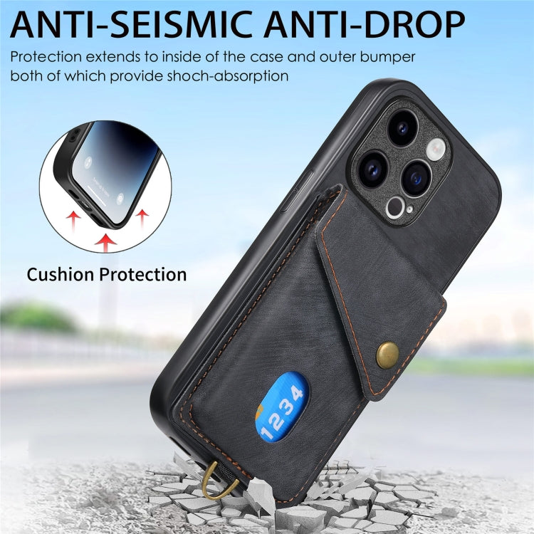 For iPhone 15 Pro Max Retro Card Wallet Fold Leather Phone Case with Strap(Black) - HoMEdemic™ 