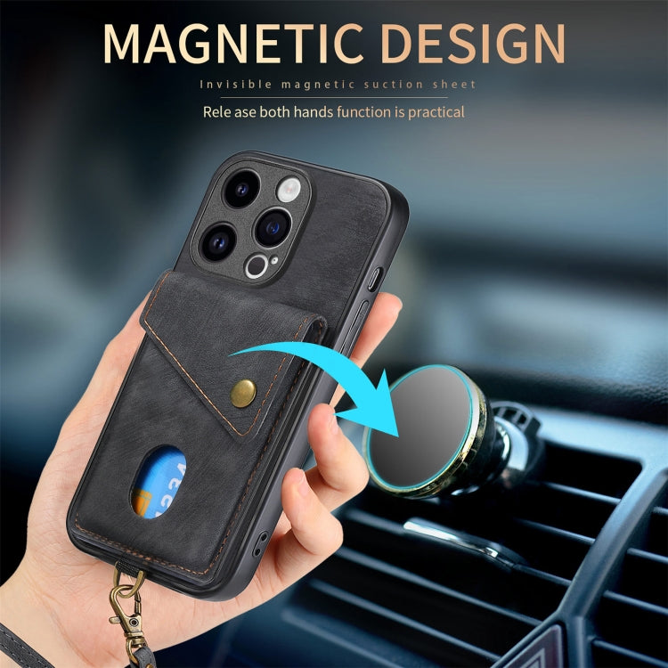 For iPhone 15 Pro Max Retro Card Wallet Fold Leather Phone Case with Strap(Black) - HoMEdemic™ 