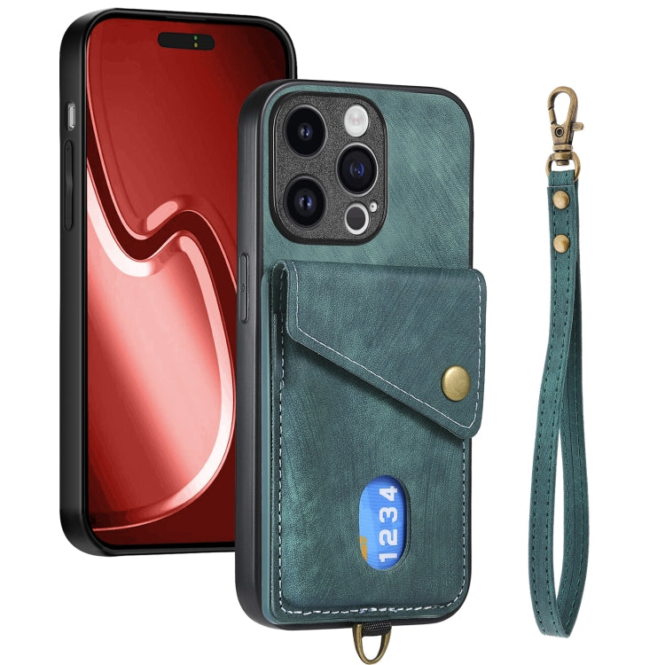 For iPhone 15 Pro Max Retro Card Wallet Fold Leather Phone Case with Strap(Green) - HoMEdemic™ 