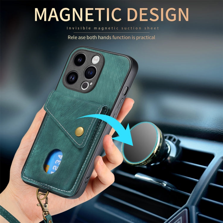 For iPhone 15 Pro Max Retro Card Wallet Fold Leather Phone Case with Strap(Green) - HoMEdemic™ 