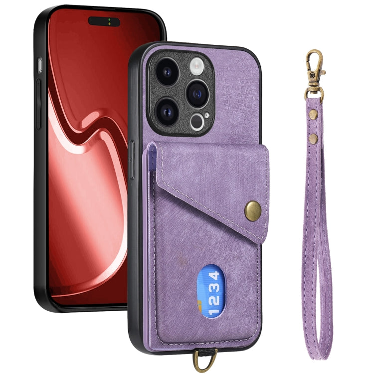 For iPhone 15 Pro Max Retro Card Wallet Fold Leather Phone Case with Strap(Purple) - HoMEdemic™ 