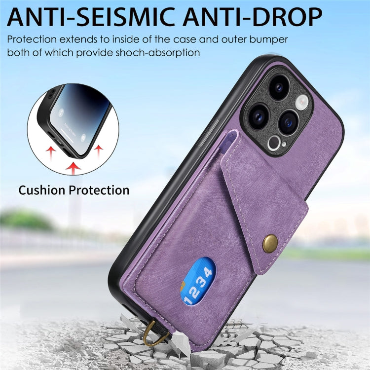 For iPhone 15 Pro Max Retro Card Wallet Fold Leather Phone Case with Strap(Purple) - HoMEdemic™ 
