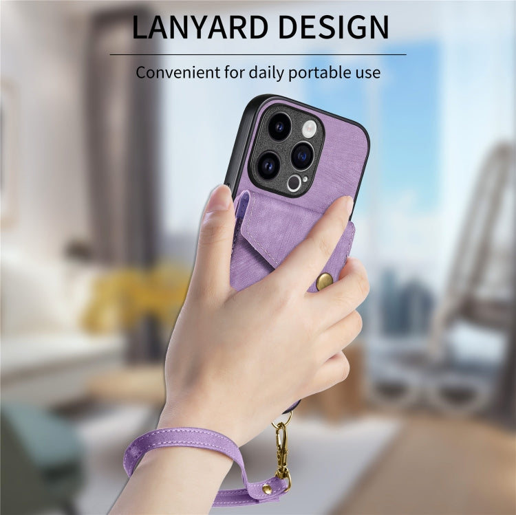 For iPhone 15 Pro Max Retro Card Wallet Fold Leather Phone Case with Strap(Purple) - HoMEdemic™ 