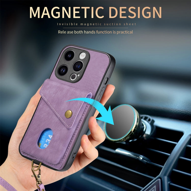 For iPhone 15 Pro Max Retro Card Wallet Fold Leather Phone Case with Strap(Purple) - HoMEdemic™ 