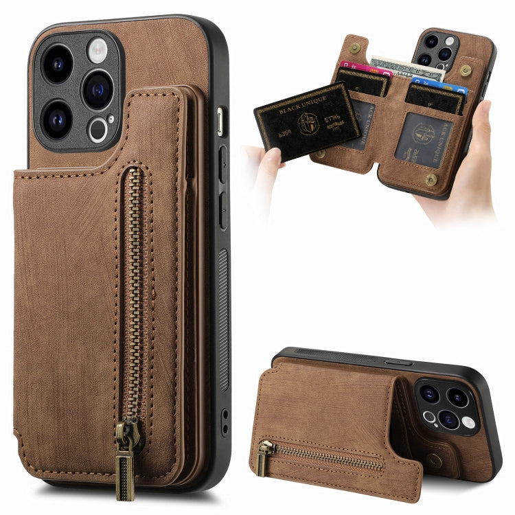 For iPhone 15 Pro Max Retro Leather Zipper Wallet Back Phone Case(Brown) - HoMEdemic™ 