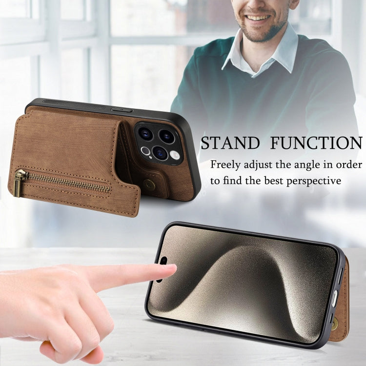 For iPhone 15 Pro Max Retro Leather Zipper Wallet Back Phone Case(Brown) - HoMEdemic™ 