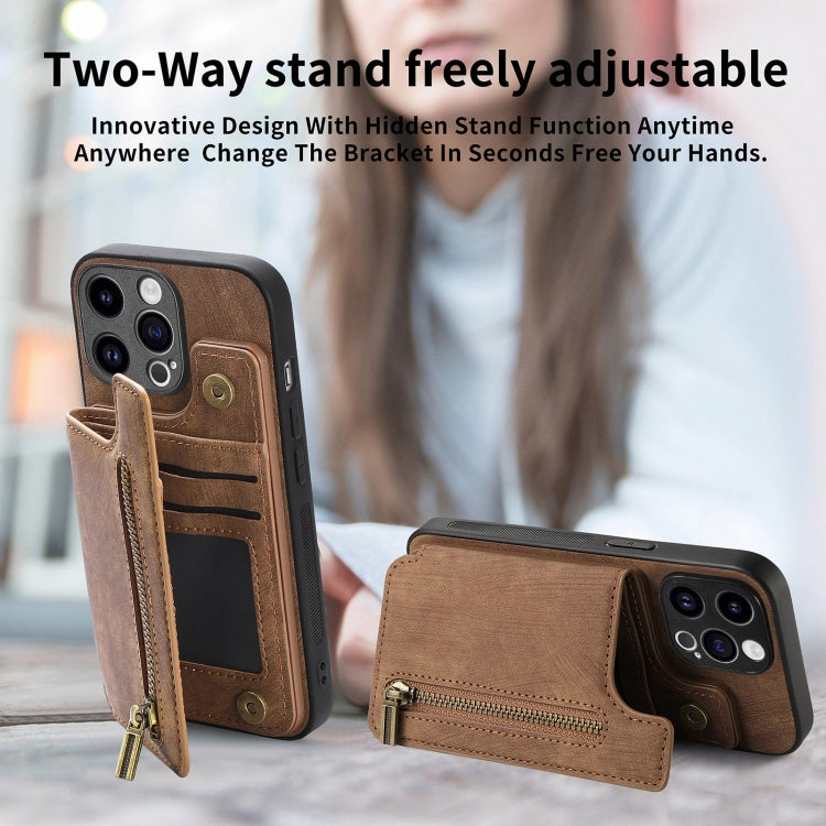 For iPhone 15 Pro Max Retro Leather Zipper Wallet Back Phone Case(Brown) - HoMEdemic™ 