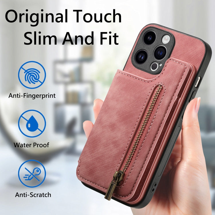 For iPhone 15 Pro Max Retro Leather Zipper Wallet Back Phone Case(Pink) - HoMEdemic™ 