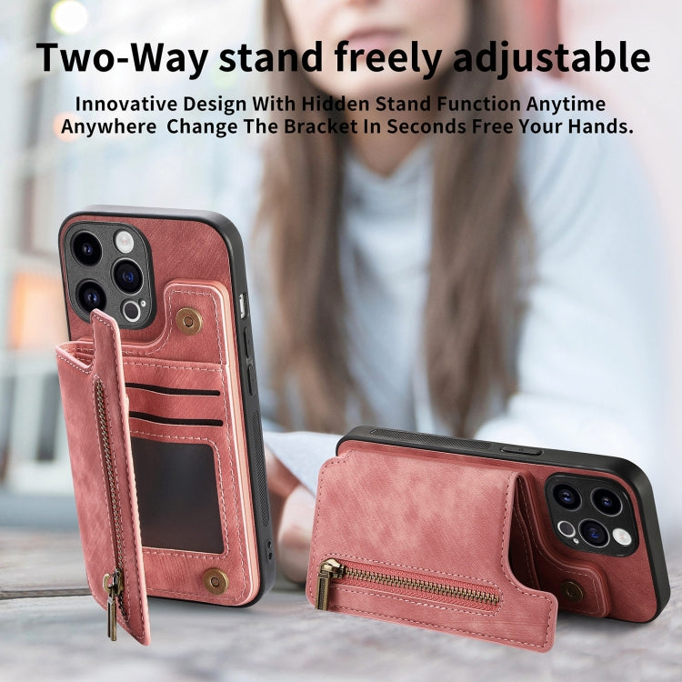 For iPhone 15 Pro Max Retro Leather Zipper Wallet Back Phone Case(Pink) - HoMEdemic™ 