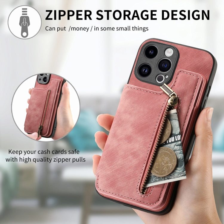 For iPhone 15 Pro Max Retro Leather Zipper Wallet Back Phone Case(Pink) - HoMEdemic™ 