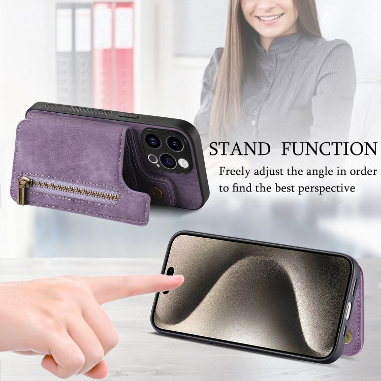 For iPhone 15 Pro Max Retro Leather Zipper Wallet Back Phone Case(Purple) - HoMEdemic™ 