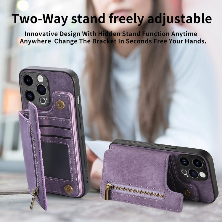 For iPhone 15 Pro Max Retro Leather Zipper Wallet Back Phone Case(Purple) - HoMEdemic™ 