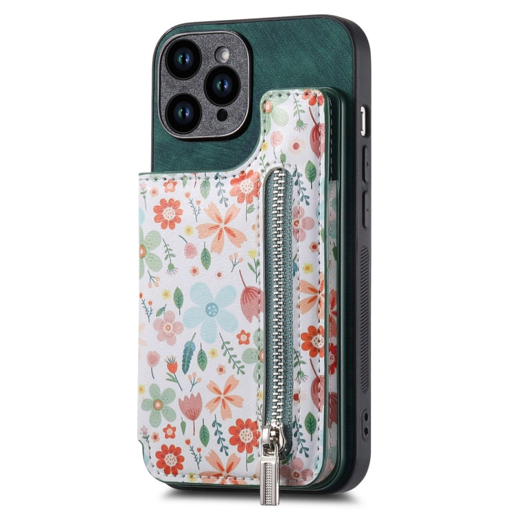For iPhone 15 Pro Max Retro Painted Zipper Wallet Back Phone Case(Green) - HoMEdemic™ 