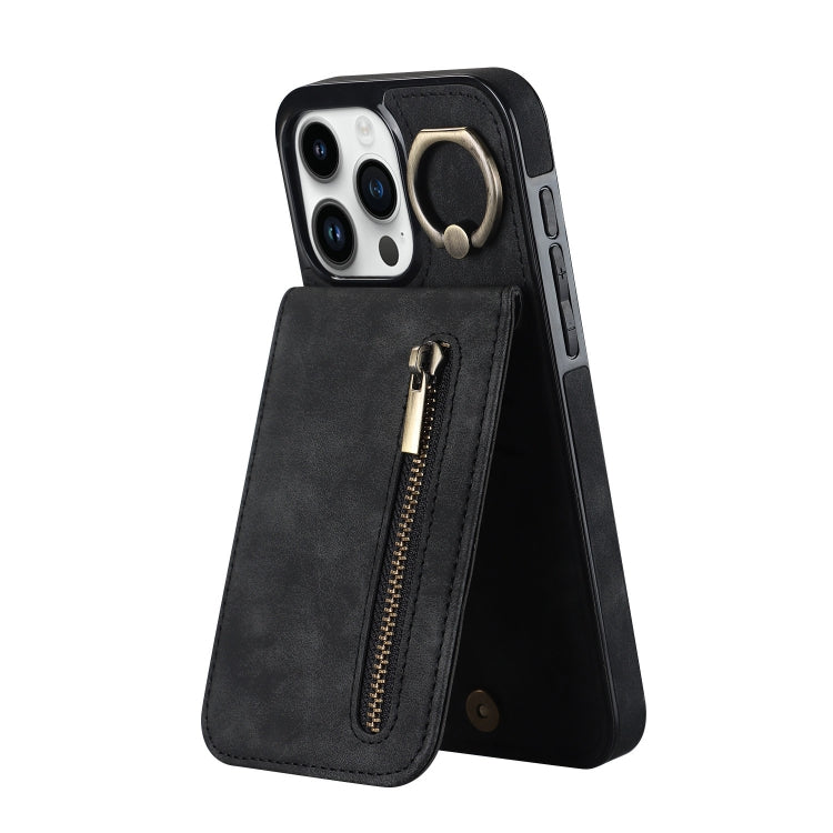 For iPhone 15 Pro Max Retro Ring and Zipper RFID Card Slot Phone Case(Black) - HoMEdemic™ 