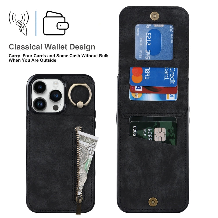 For iPhone 15 Pro Max Retro Ring and Zipper RFID Card Slot Phone Case(Black) - HoMEdemic™ 
