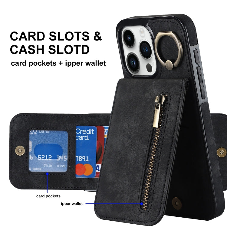 For iPhone 15 Pro Max Retro Ring and Zipper RFID Card Slot Phone Case(Black) - HoMEdemic™ 