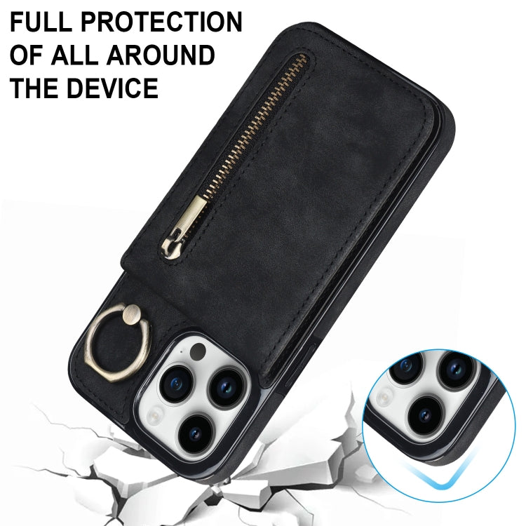 For iPhone 15 Pro Max Retro Ring and Zipper RFID Card Slot Phone Case(Black) - HoMEdemic™ 