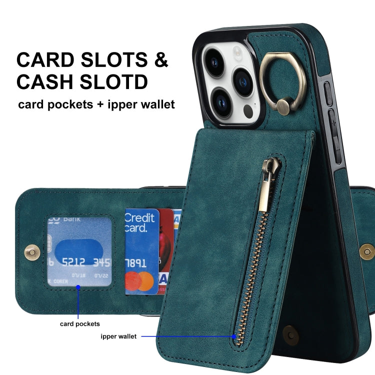 For iPhone 15 Pro Max Retro Ring and Zipper RFID Card Slot Phone Case(Blue) - HoMEdemic™ 