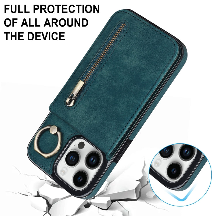 For iPhone 15 Pro Max Retro Ring and Zipper RFID Card Slot Phone Case(Blue) - HoMEdemic™ 