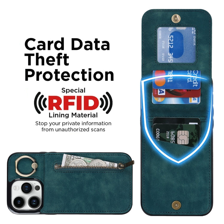 For iPhone 15 Pro Max Retro Ring and Zipper RFID Card Slot Phone Case(Blue) - HoMEdemic™ 