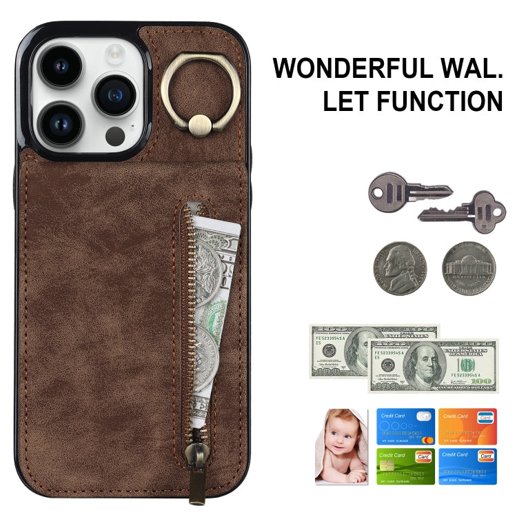 For iPhone 15 Pro Max Retro Ring and Zipper RFID Card Slot Phone Case(Brown) - HoMEdemic™ 