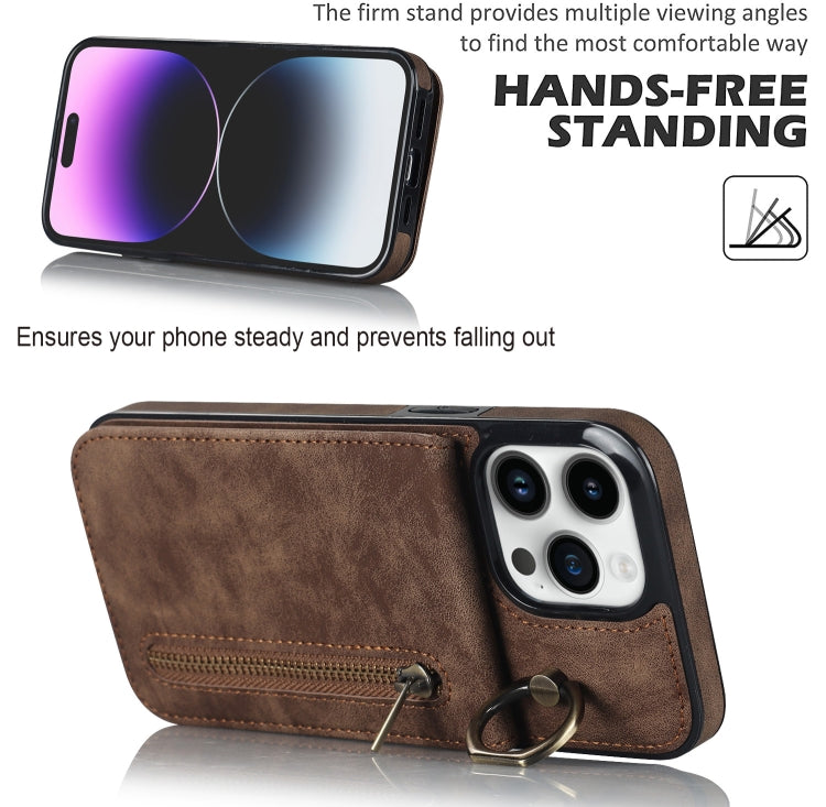 For iPhone 15 Pro Max Retro Ring and Zipper RFID Card Slot Phone Case(Brown) - HoMEdemic™ 