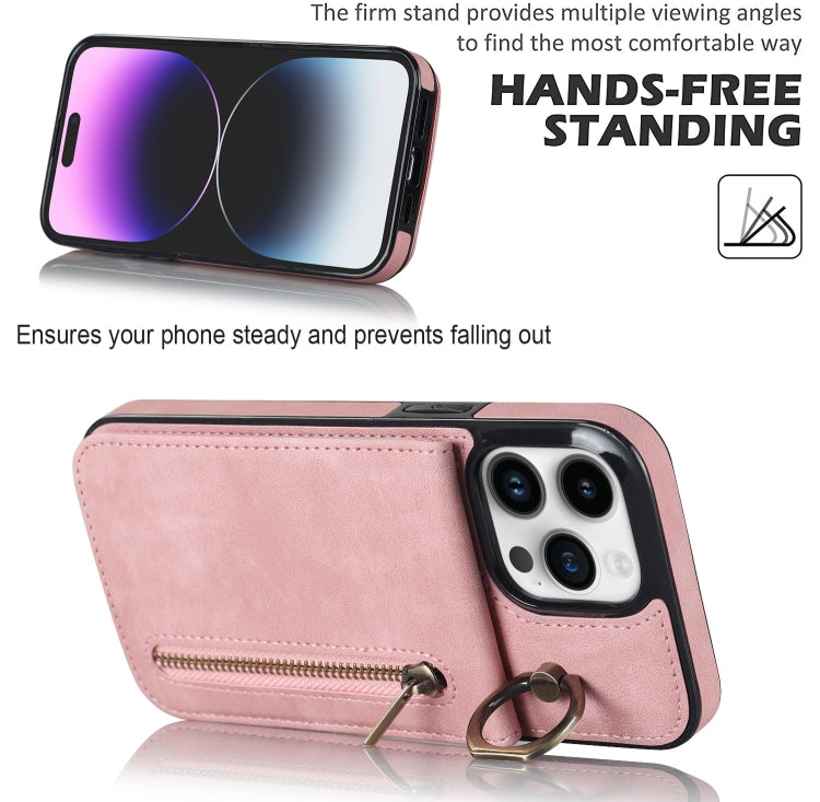 For iPhone 15 Pro Max Retro Ring and Zipper RFID Card Slot Phone Case(Pink) - HoMEdemic™ 