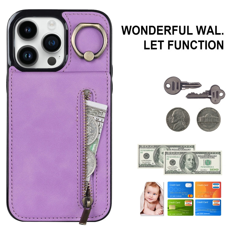 For iPhone 15 Pro Max Retro Ring and Zipper RFID Card Slot Phone Case(Purple) - HoMEdemic™ 