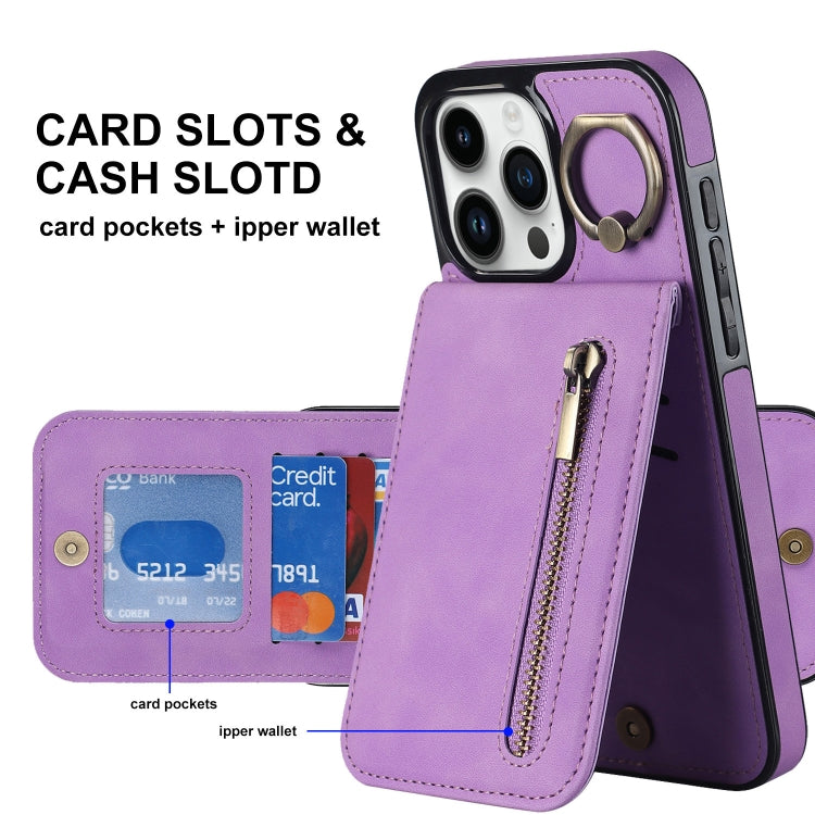 For iPhone 15 Pro Max Retro Ring and Zipper RFID Card Slot Phone Case(Purple) - HoMEdemic™ 