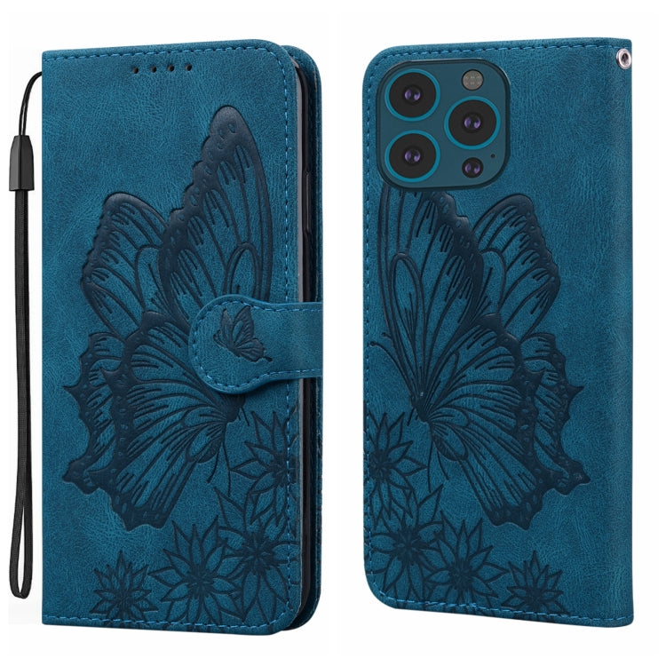 For iPhone 15 Pro Max Retro Skin Feel Butterflies Embossing Leather Phone Case(Blue) - HoMEdemic™ 