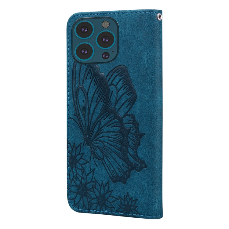 For iPhone 15 Pro Max Retro Skin Feel Butterflies Embossing Leather Phone Case(Blue) - HoMEdemic™ 