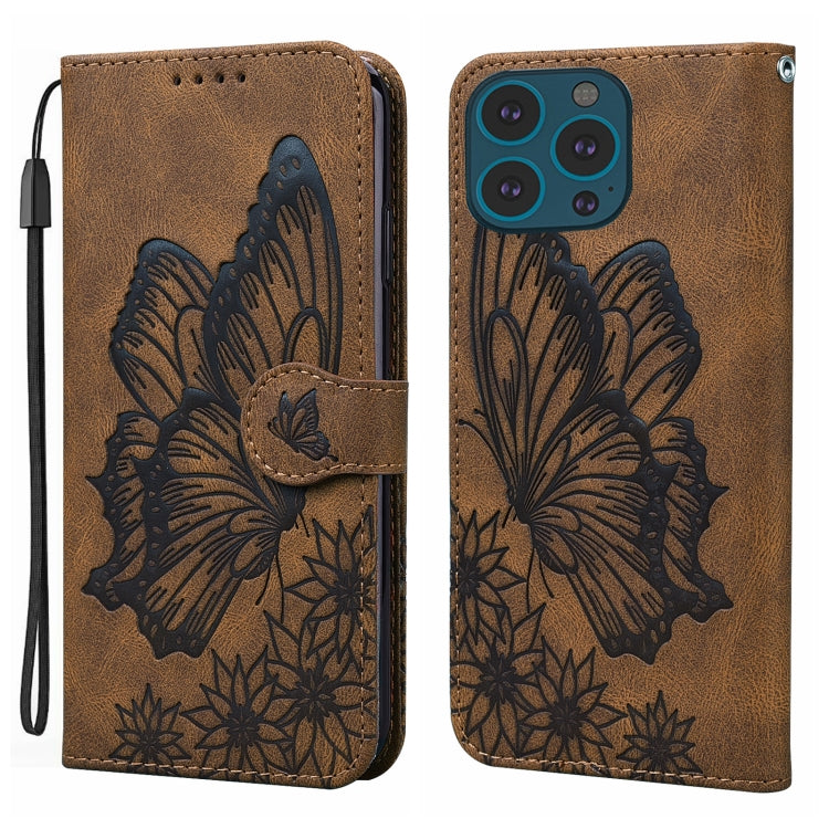 For iPhone 15 Pro Max Retro Skin Feel Butterflies Embossing Leather Phone Case(Brown) - HoMEdemic™ 