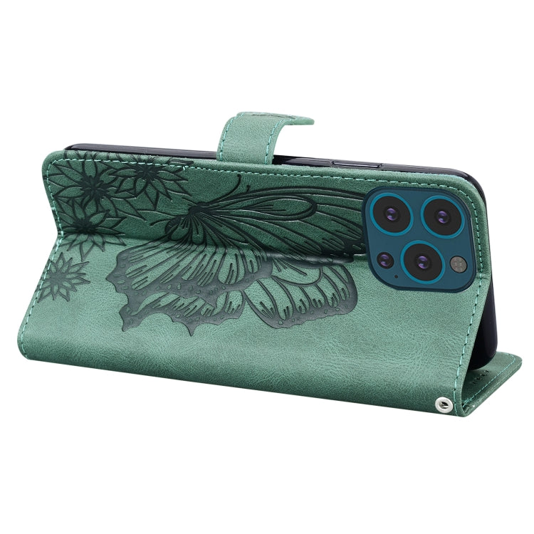 For iPhone 15 Pro Max Retro Skin Feel Butterflies Embossing Leather Phone Case(Green) - HoMEdemic™ 