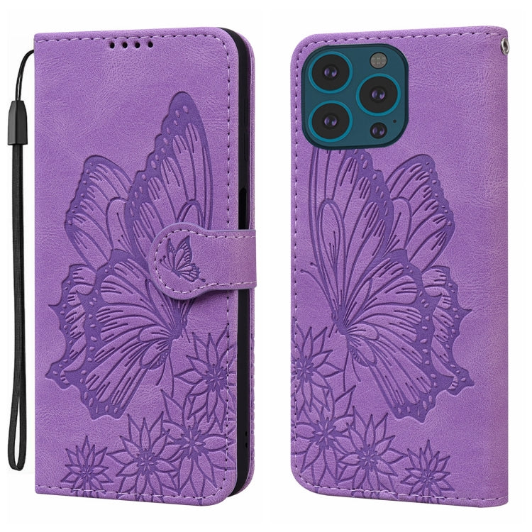 For iPhone 15 Pro Max Retro Skin Feel Butterflies Embossing Leather Phone Case(Purple) - HoMEdemic™ 