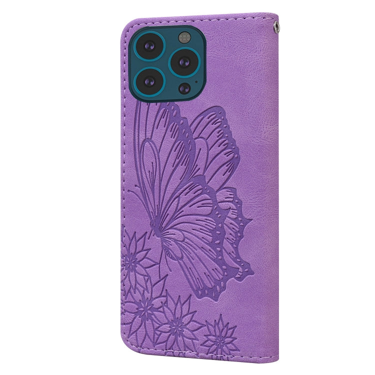For iPhone 15 Pro Max Retro Skin Feel Butterflies Embossing Leather Phone Case(Purple) - HoMEdemic™ 