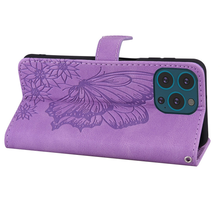 For iPhone 15 Pro Max Retro Skin Feel Butterflies Embossing Leather Phone Case(Purple) - HoMEdemic™ 