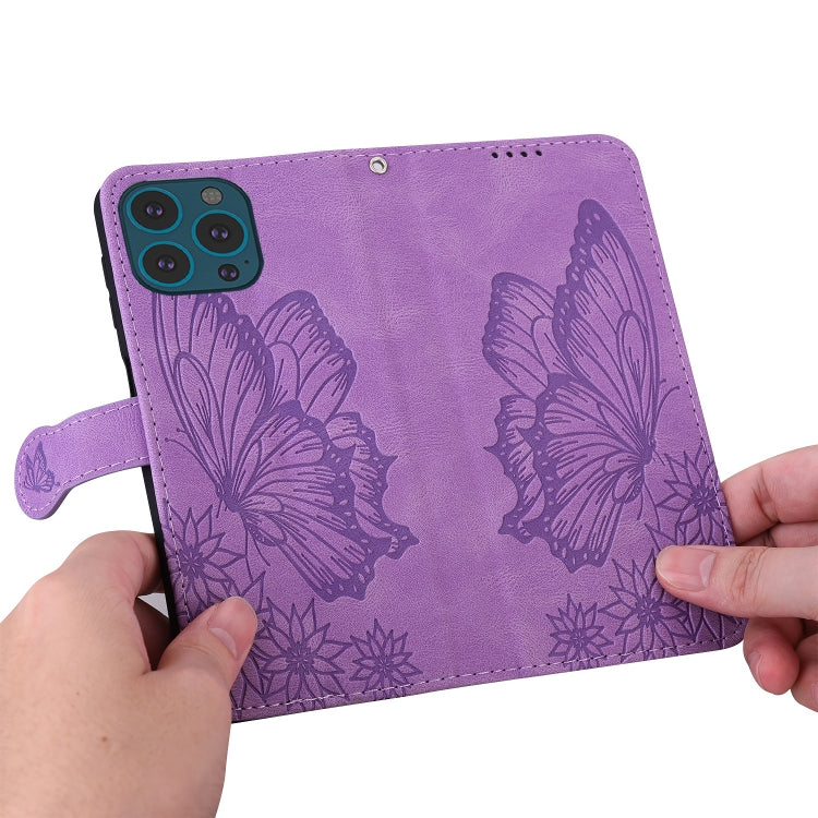 For iPhone 15 Pro Max Retro Skin Feel Butterflies Embossing Leather Phone Case(Purple) - HoMEdemic™ 