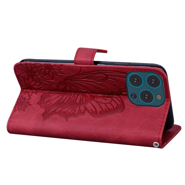For iPhone 15 Pro Max Retro Skin Feel Butterflies Embossing Leather Phone Case(Red) - HoMEdemic™ 