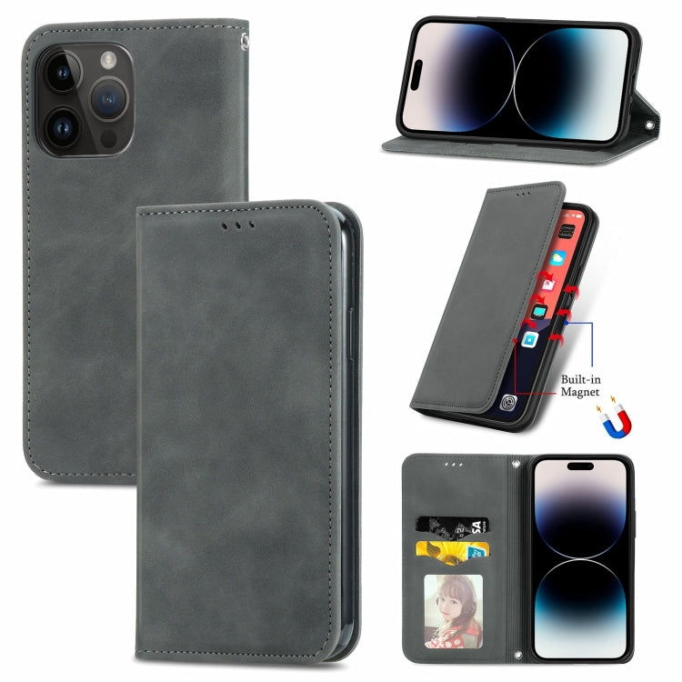 For iPhone 15 Pro Max Retro Skin Feel Magnetic Leather Phone Case(Gray) - HoMEdemic™ 