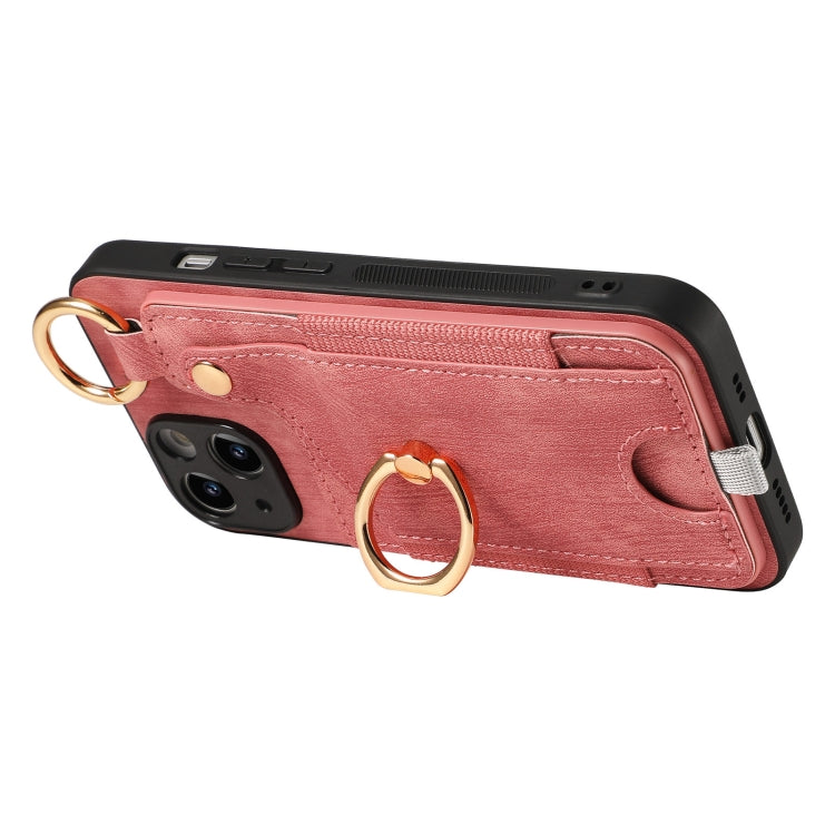 For iPhone 15 Pro Max Retro Skin-feel Ring Card Bag Phone Case with Hang Loop(Pink) - HoMEdemic™ 