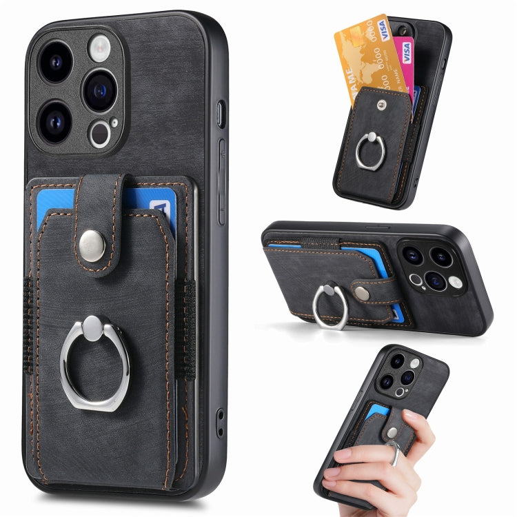 For iPhone 15 Pro Max Retro Skin-feel Ring Card Wallet Phone Case(Black) - HoMEdemic™ 