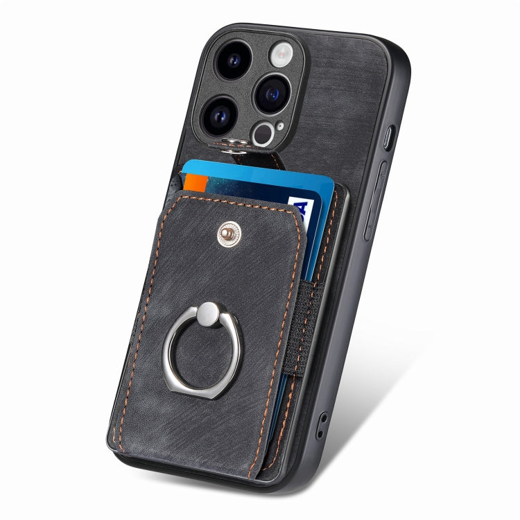 For iPhone 15 Pro Max Retro Skin-feel Ring Card Wallet Phone Case(Black) - HoMEdemic™ 