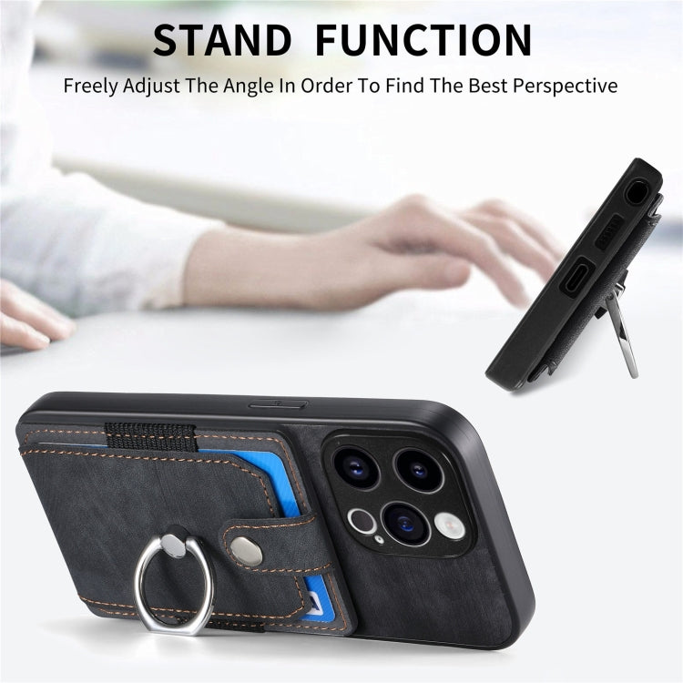 For iPhone 15 Pro Max Retro Skin-feel Ring Card Wallet Phone Case(Black) - HoMEdemic™ 