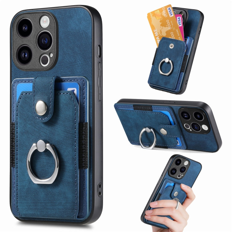 For iPhone 15 Pro Max Retro Skin-feel Ring Card Wallet Phone Case(Blue) - HoMEdemic™ 
