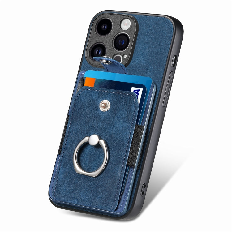 For iPhone 15 Pro Max Retro Skin-feel Ring Card Wallet Phone Case(Blue) - HoMEdemic™ 
